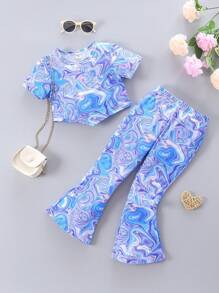 SHEIN Young Girl Marble Printed Short Sleeve T-Shirt And Flare Pants Outfit - Multicolor - View 1