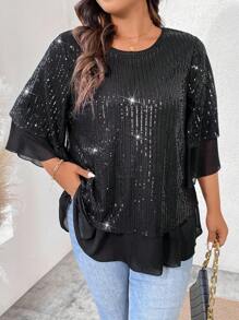 Allurite Blusa De Malla Con Lentejuelas De Talla Grande - Negro - Ver 1