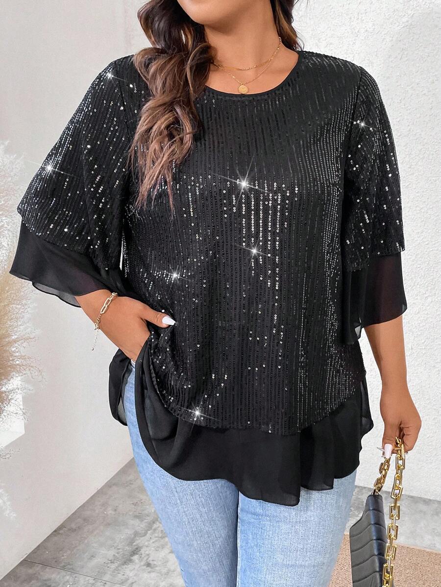 Allurite Blusa De Malla Con Lentejuelas De Talla Grande - Negro - Ver 1