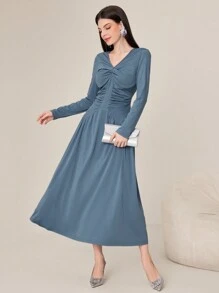 Seusyu Women's Twisted Knot Pleated Long Sleeve Dress - Dusty Blue - View 4