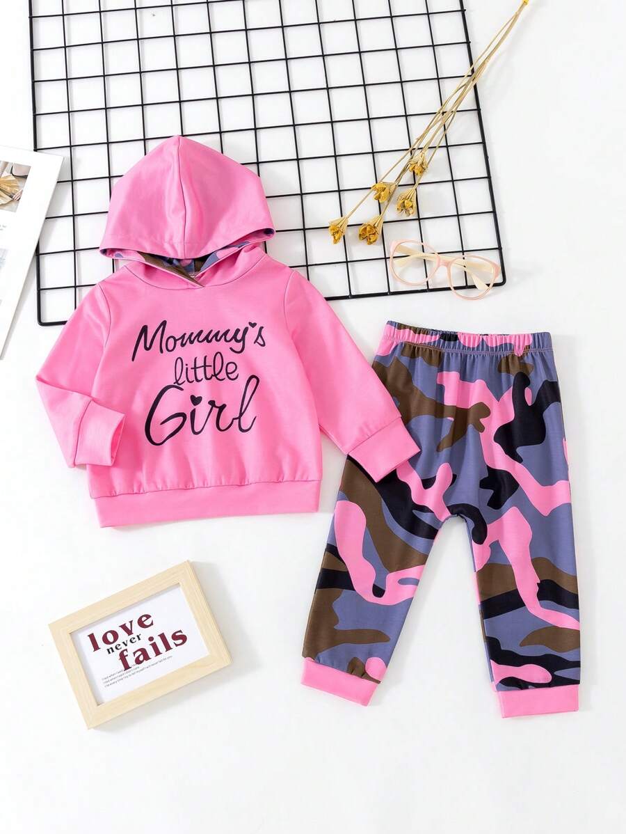 2入組嬰兒女孩春秋冬外出休閒可愛字母印花連帽長袖套裝連褲子 - 彩色 - 查看 1