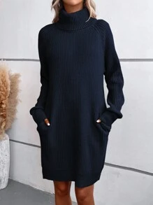 SHEIN LUNE 女士高領斜肩袖針織毛衣連衣裙 - 寶藍色 - 查看 3