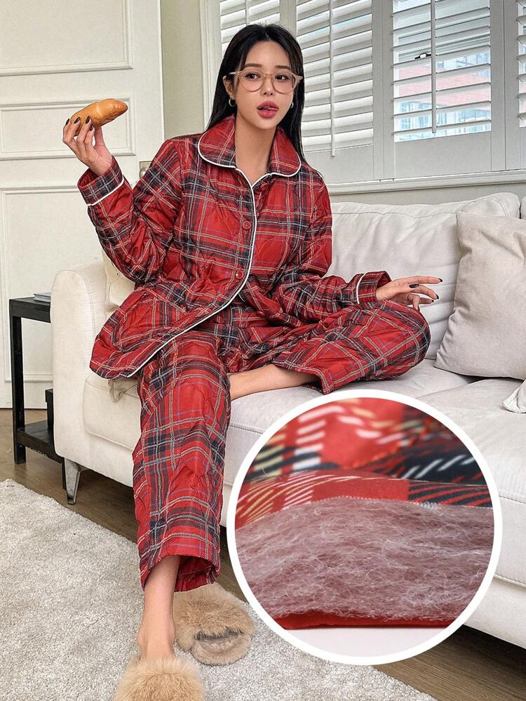 2pcs Thickened Grid Patterned Home Wear Set Fall,Winter Christmas,New Year Pajama