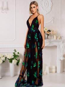 性感復古露背綠色亮片連衣裙 - 綠色 - 查看 3