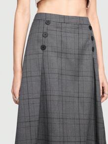 ROMWE Grunge Punk 女士休閒格紋鈕扣前a字裙 - 彩色 - 查看 5