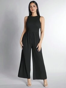 SHEIN PETITE Sleeveless Wide Leg Jumpsuit - Black - View 1