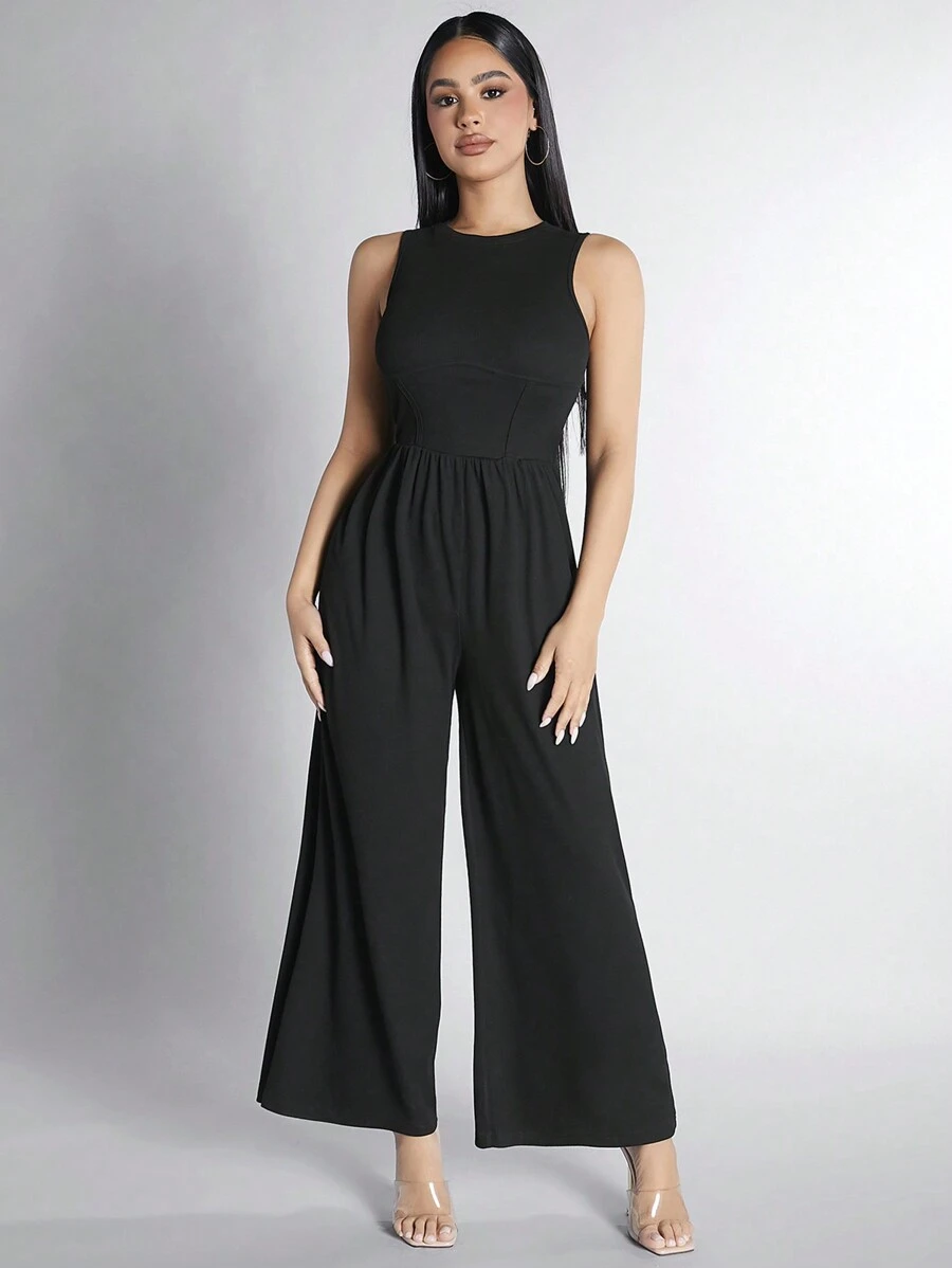 SHEIN PETITE Sleeveless Wide Leg Jumpsuit - Black - View 1