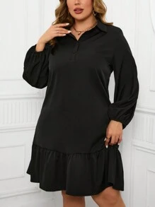 SHEIN LUNE 大碼燈籠袖連衣裙,帶有褶邊擺 - 黑色 - 查看 6