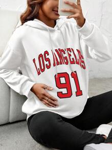 SHEIN Maternity Letter Printed Drawstring Sweatshirt - White - View 1