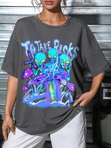 SHEIN Coolane Của phụ nữ Lỏng lẻo Người ngoài hành tinh Slogan In Áo thun - Màu xám đen - Xem 4