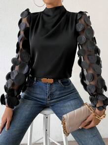 SHEIN Privé 女式刺繡網眼長袖襯衫 - 黑色 - 查看 5