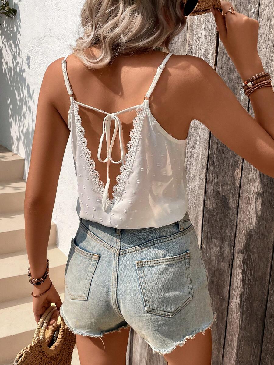 SHEIN Holidaya Áo khoác và áo lót dành cho xe tăng nữ Tương phản ren Buộc lại màu trơn Giải trí - trắng - Xem 1