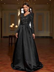Faeriesty Gigot Sleeve Contrast Sequin Formal Dress - Black - View 7
