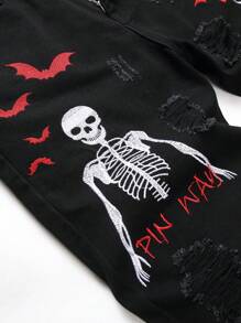 Men  Skull & Letter Graphic Ripped Jeans, For Halloween - Black - View 4