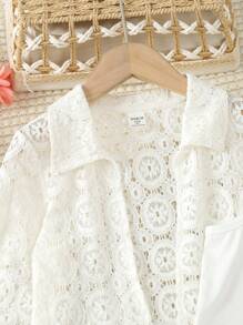Elladie kids Cô Gái Trẻ Giải trí Kỳ nghỉ Màu thuần Ren Áo sơ mi , Quần short Và Áo ba lỗ Áo vest - trắng - Xem 6