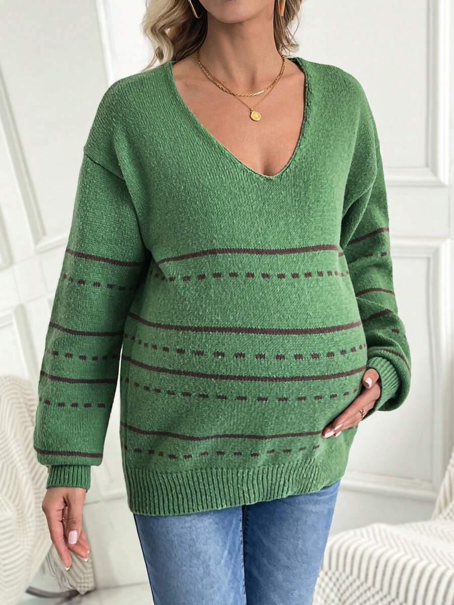 SHEIN Maternity Striped Drop Shoulder Sweater, For Winter - Army Green - View 1