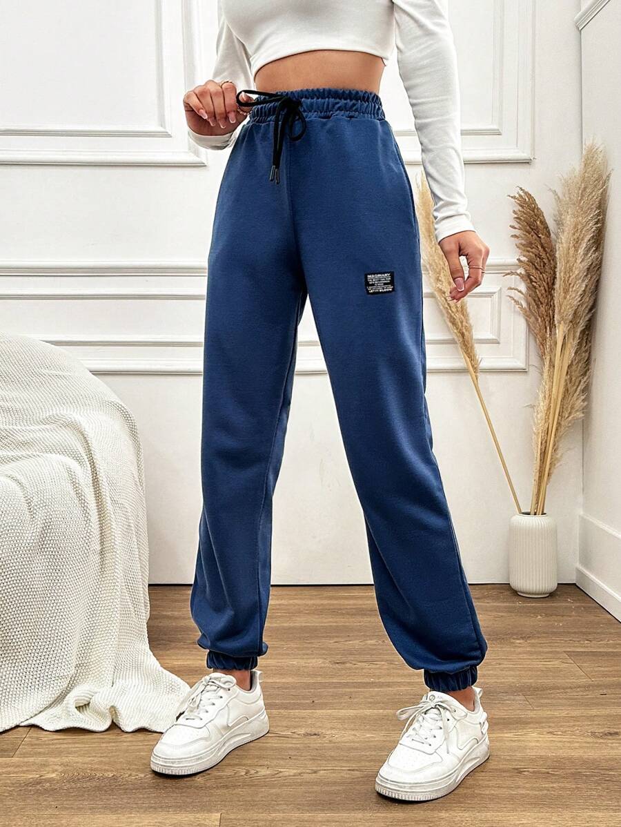 RueChic Letter Patched Detail Drawstring Waist Slant Pocket Joggers - Navy Blue - View 1