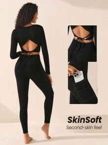 SHEIN Sports Women's Backless Hollow Out Lace-up Yoga Set - Black - View 1