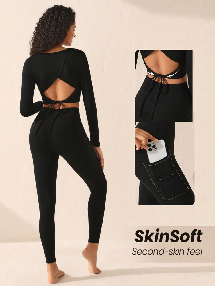 Women's Backless Hollow Out Lace-up Yoga Set