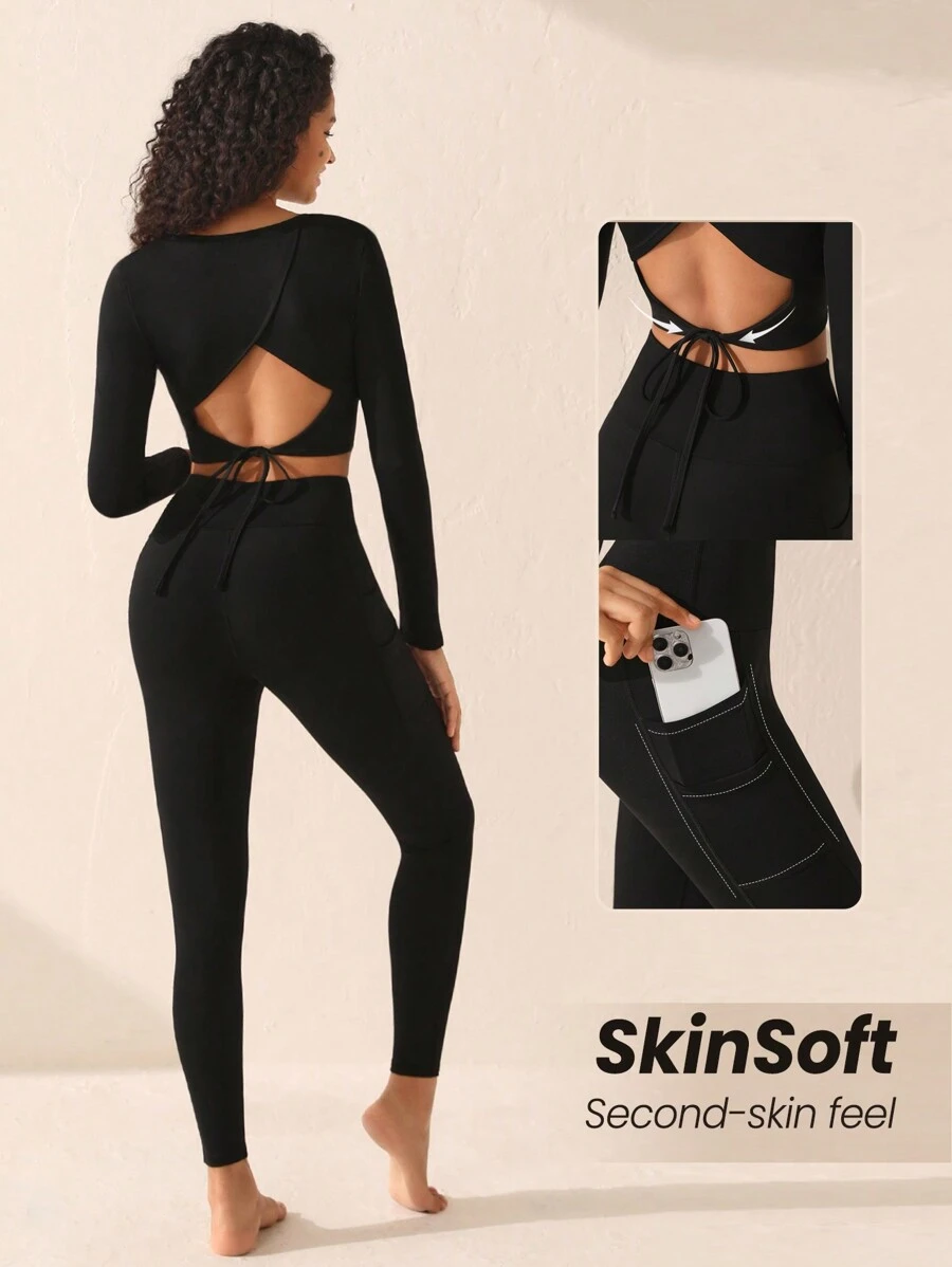 SHEIN Sports Women's Backless Hollow Out Lace-up Yoga Set - Black - View 1