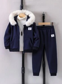 SHEIN Bé trai Vá lại Lá thư Đính đá Bộ - Màu xanh hải quân - Xem 1