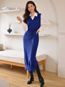 Seusyu 女款純色高開衩束帶毛衣連身裙 - 寶藍色 - 查看 6