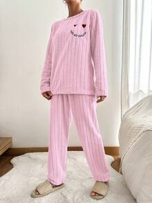 SHEIN Cottnline Heart And Letter Embroidered Flannel Homewear Set - Pink - View 3