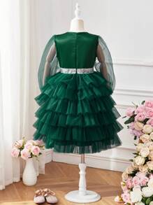 女孩梭織凈色拼接網紗蛋糕裙禮服裝