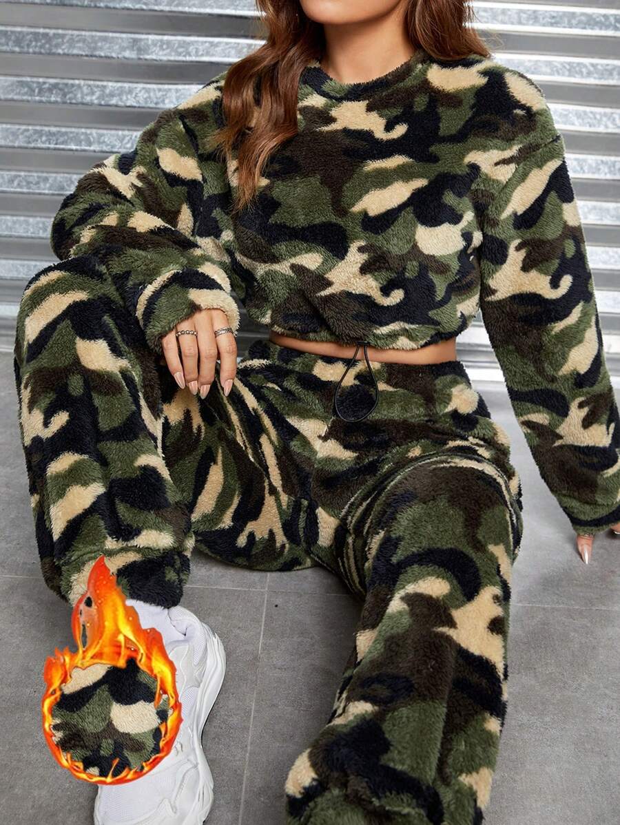 SHEIN EZwear Camo Print Drop Shoulder Teddy Pullover & Pants - Multicolor - View 1