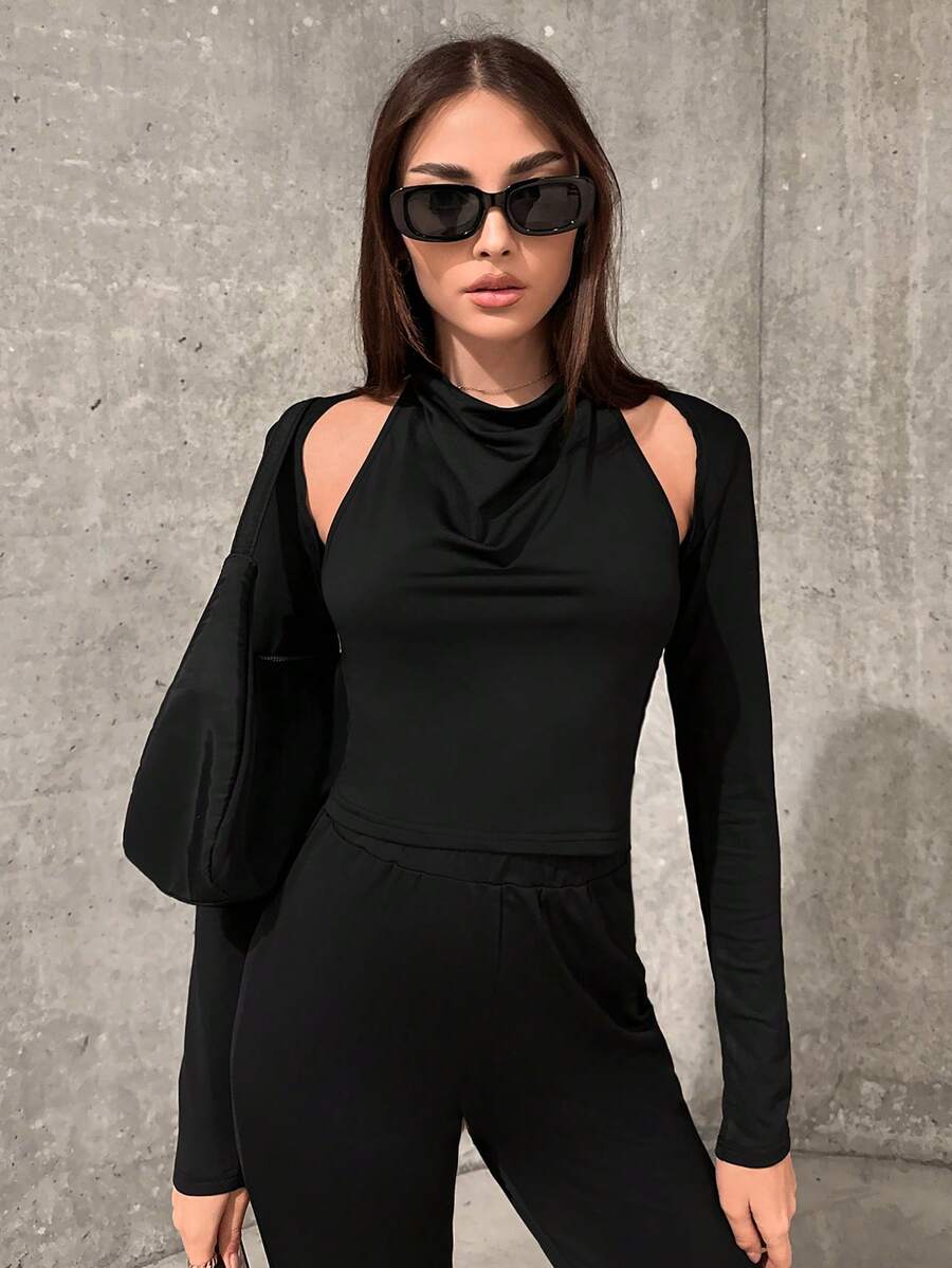 SHEIN Essnce 女款純色露背修身兩件套 - 黑色 - 查看 1