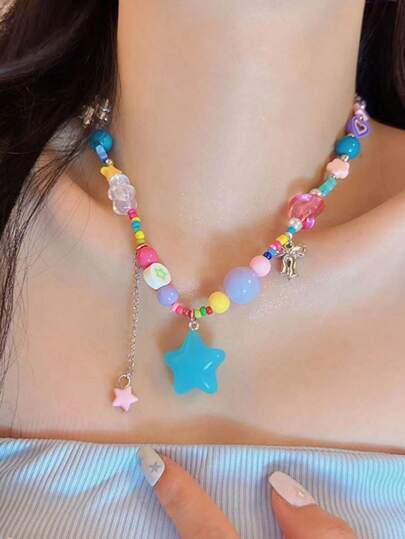 ROMWE Kawaii 1根女士糖果色珠子項鍊,星星及流星設計