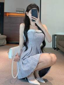 Dazy Designer 女士拼布露肩连衣裙，休闲女士连衣裙返校节连衣裙格子 - 藍色 - 查看 3