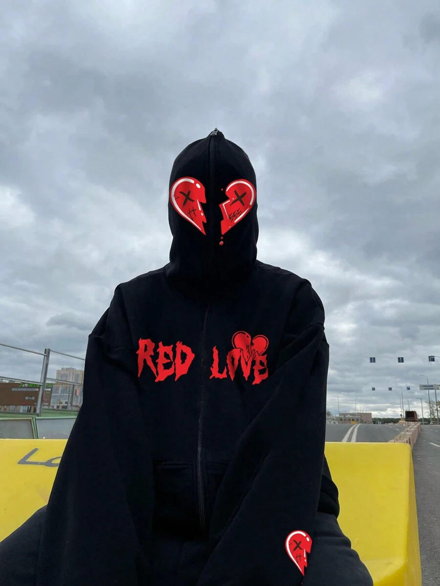 Manfinity Roghcode Lỏng lẻo phù hợp Nam Đồ họa Trái tim & Chữ cái Áo Zip Up Hoodie Với Nhiệt Lót - màu đen - Xem 1