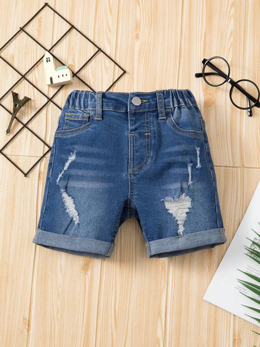 Pantalones cortos de mezclilla azul lavado de medio tamaño con rasgaduras, elasticidad y dobladillo enrollado para niño joven - Azul lavado medio - Ver 1