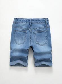 Quần short denim co giãn màu xanh nhạt của Tween Boy có viền cuộn - Rửa nhẹ - Xem 2