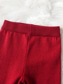 Baby Girls' Knitted Cardigan With Floral Embroidery & Ruffle Trim And Pants Set - Burgundy - View 7