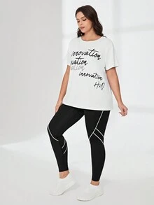 Easithlete 大碼字母圖案運動T恤和緊身褲 - 彩色 - 查看 6