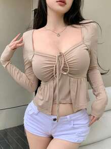 Dazy Star Women's Sweetheart Neckline Drawstring Long Sleeve T-Shirt,Ruffle - Khaki - View 2