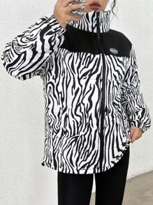 SHEIN Unity Áo khoác phao nữ có họa tiết in vá và sọc ngựa vằn - Đen và trắng - Xem 1