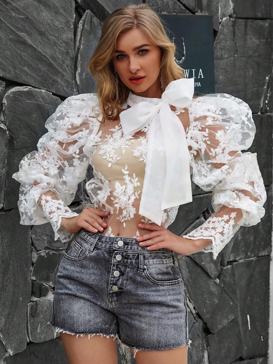 Eilly Bazar Tie Neck Embroidered Mesh Top Without Bandeau - White - View 1