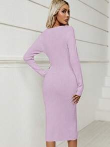 SHEIN LUNE Turtle-neck Fine Rib Knit Slim Fit Long Sleeve Sweater Dress - Pink - View 2