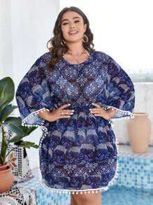 Swim Lushoire 大码女式雪花印花腰部抽绳流苏罩衫夏季 - 藍色 - 查看 5