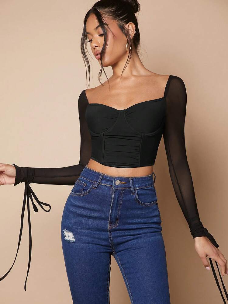 Sweetheart Neckline Tie-front Mesh Sleeve Top