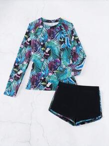 Swim SPRTY Summer Beach Random Tropical Print Long Sleeve Bikini Set - Multicolor - View 6