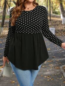 SHEIN LUNE Women's Plus Size Polka Dot Printed Round Neck Long Sleeve T-shirt With Patchwork Design - White - View 4