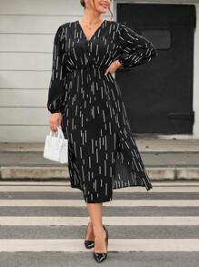 SHEIN Privé Women's Plus Size Lantern Sleeve Printed Dress With Scattered Pattern - Multicolor - View 5