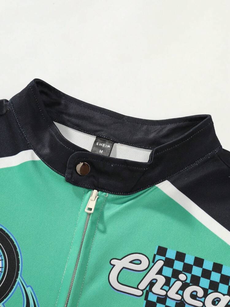 Loose Fit Men's Color Block Jacket With Text And Patchwork Design