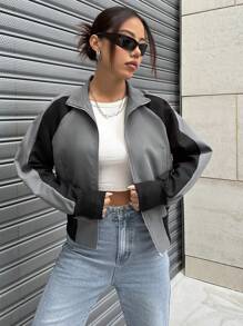 SHEIN Unity Raglan Long Sleeve Zipper Jacket - Grey - View 5