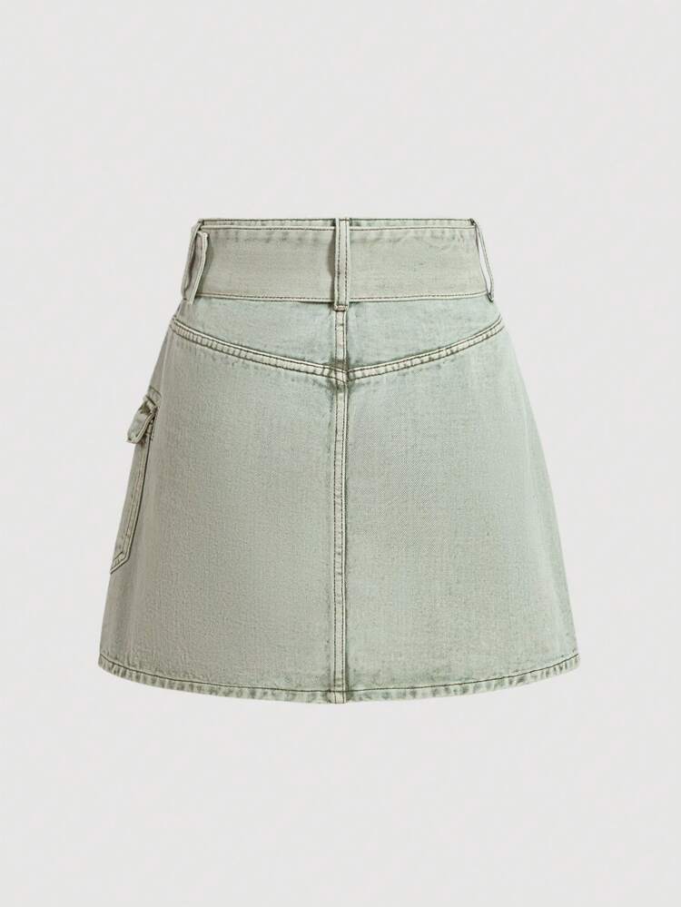 Women'S Belted Denim Skirt With Cargo Pocket