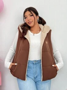 SHEIN EZwear Của phụ nữ Kích thước lớn Đệm Áo vest Với Tai 3D Trang trí - Cà phê nâu - Xem 3